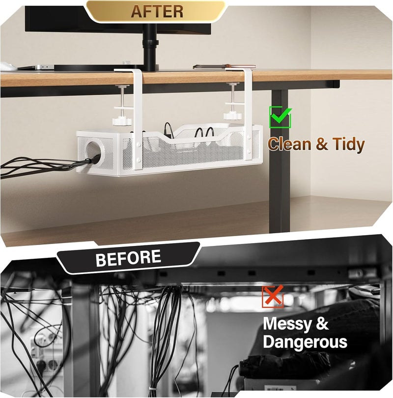 Cinati Under Desk Cable Management Large, 16" Cable Management Box for Table Thickness up to 3", Wire Cord Organizer with Clamp No Drill, No Damage to Desk (White) - Image 4